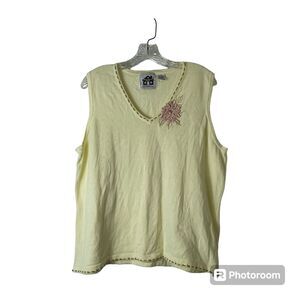 StoryBrook‎ Knits Sleeveless V Neck Ivory Sweater Sz 1XL Pink Poinsettia READ